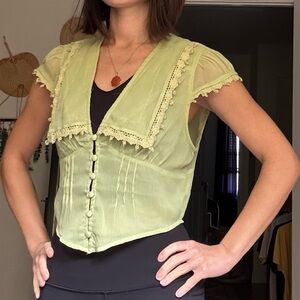 Kimchi Blue Light Olive Green Cropped Lace-Trim Button Front Blouse